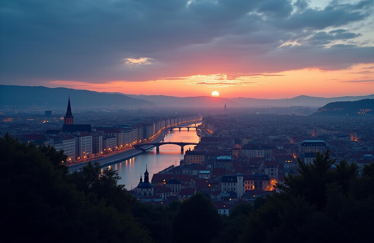 Vue panoramique de Lyon au crépuscule, symbolisant l'apprentissage des langues